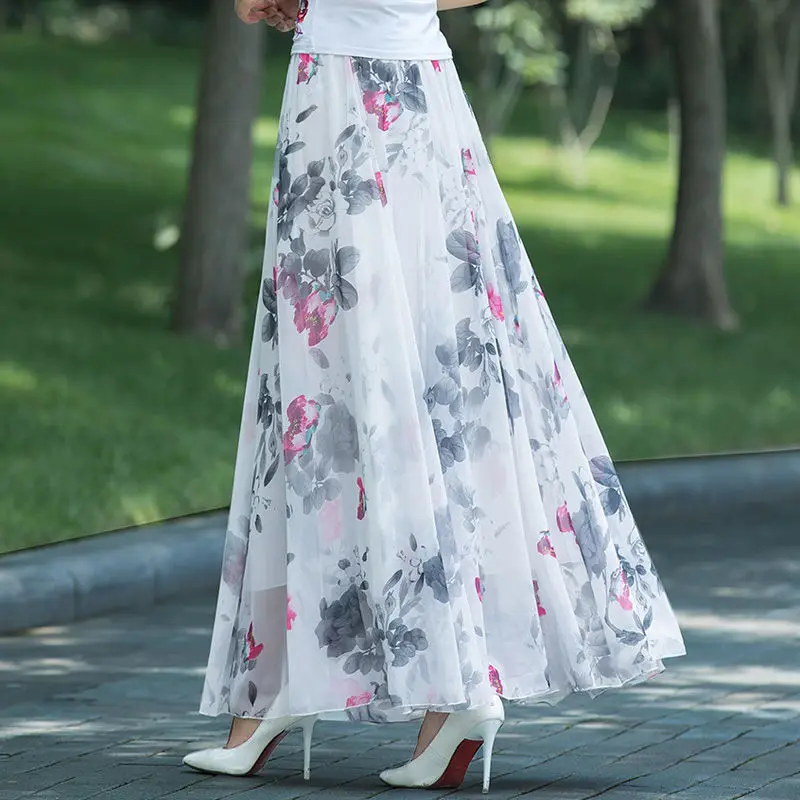 ZMZBCH Summer Autumn High Waist Skirts Womens Elastic Waist Full Long Skirt Print A-Line Mother Dance Skirts Swing Chiffon Skirt 2