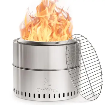 inch Stainless Steel Smokeless Fire Pit with Grill, Outdoor Smokeless Firepit, Wood Burning Fire Pits for Camping, Bonfire, Low 1