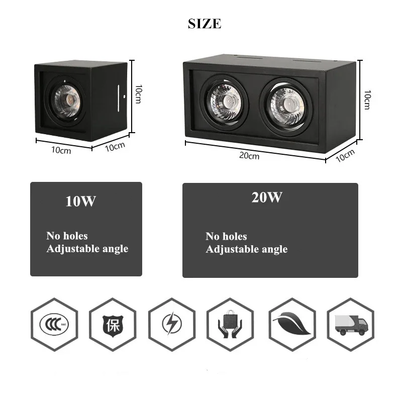 표면 장착 조정 LED COB 밝기 조절 다운라이트 ac85-265V, 10W 20W LED 천장 램프 스팟, 화이트 블랙, 고품질, 1 개
