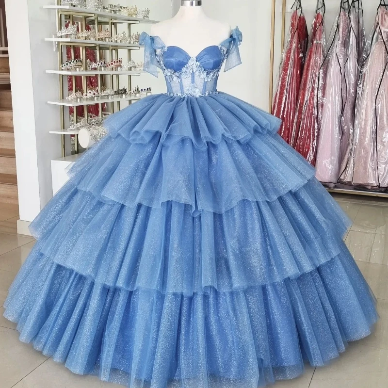 

Sky Blue Shiny Sweetheart Off the Shoulder Quinceanera Dresses Ball Gown Floral Applique Tiered Sweet 16 Dresses Birthday Party