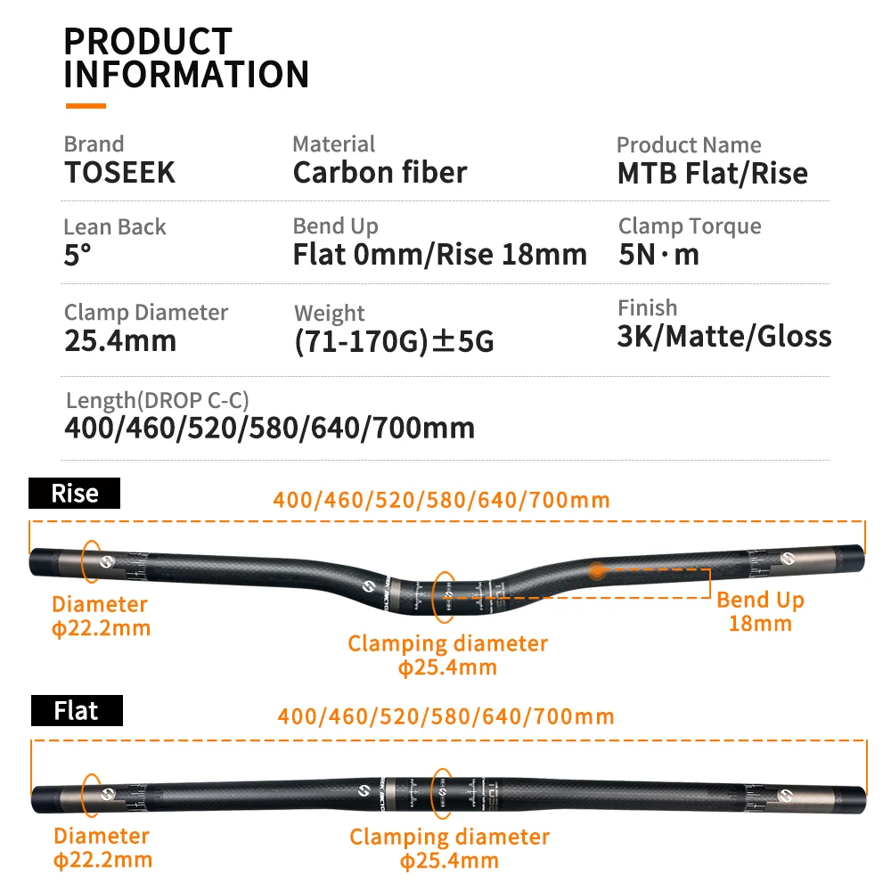 TOSEEK Matte 3K Carbon Handlebar 25.4mm Kids' Bikes Mountain MTB Bicycle Foldable BMX Handle Bar 480mm-700mm