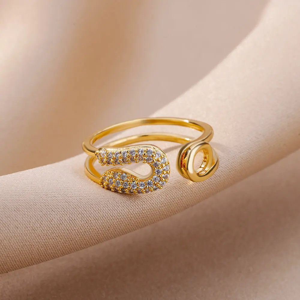 Zircon Pin Rings For Women Stainless Steel Gold Plated Opening Adjustable