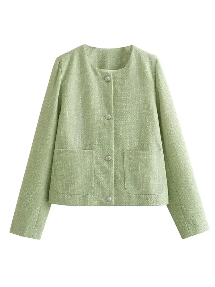 

Women Elegant Pockets Tweed Jackets Fashion Solid O-neck Single Breasted Warm Coats Female 2023 Autumn Chic Cropped Outwear.