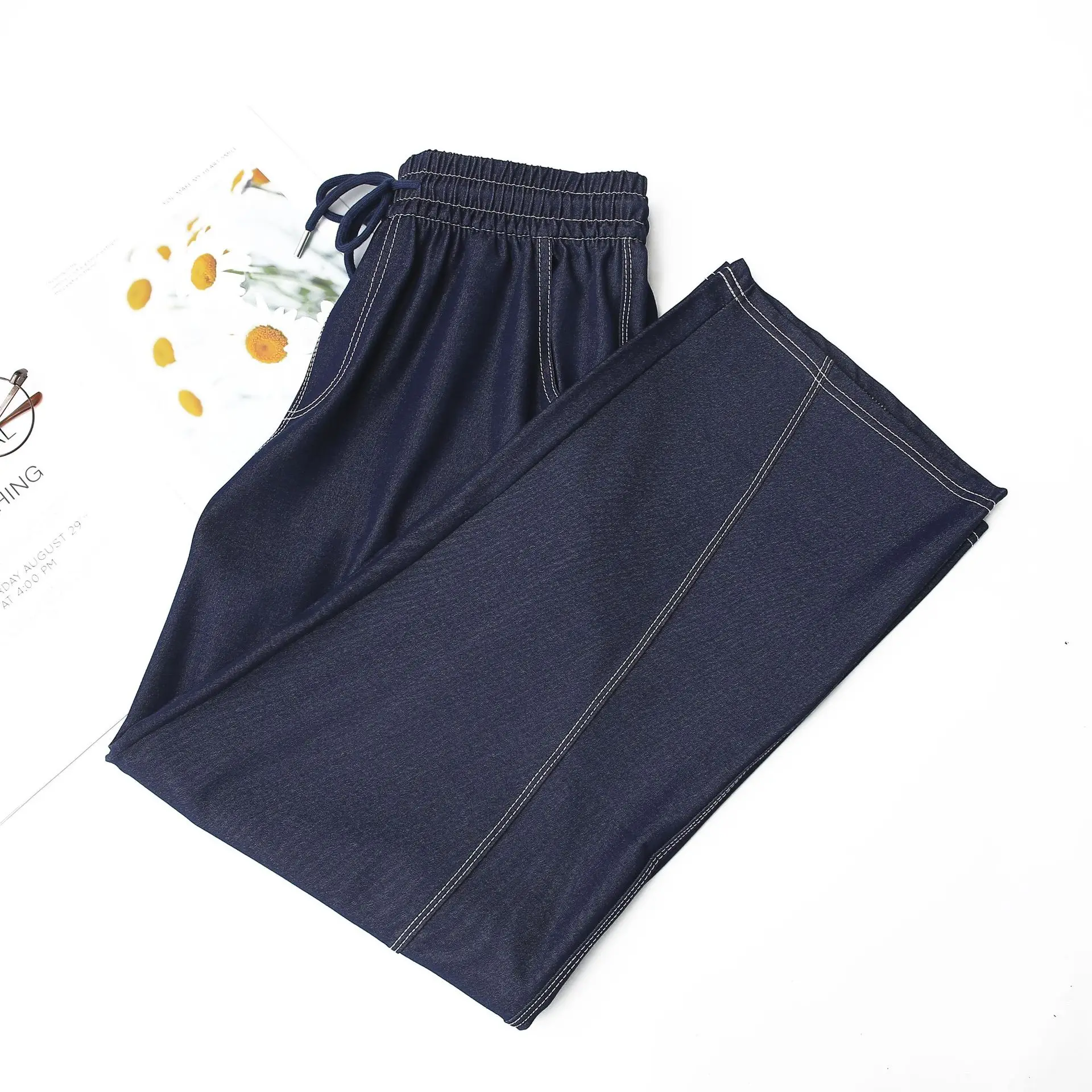 100KG New Summer Wide Leg Jeans Thin Bright Line Lyocell Denim Curved Plus Size Women's Trousers 336