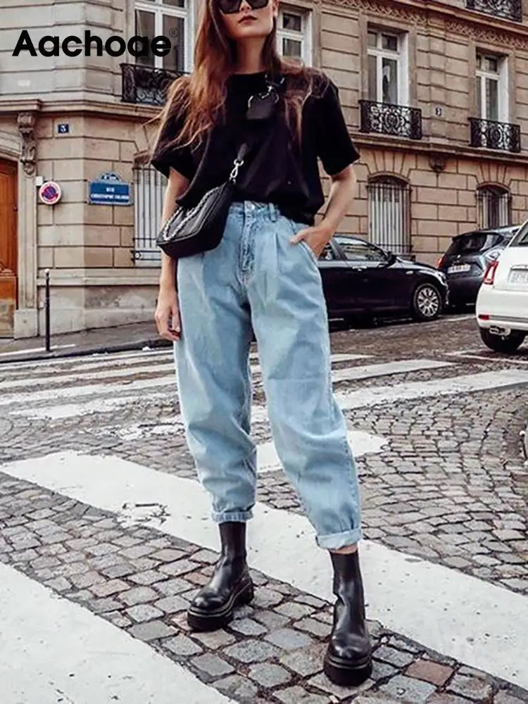 Aachoae Women Blue Harem Jeans Loose mom Jeans High Waist Streetwear  Boyfriends Washed Denim Long Trousers Bottoms Slouchy Jeans|Jeans| -  AliExpress