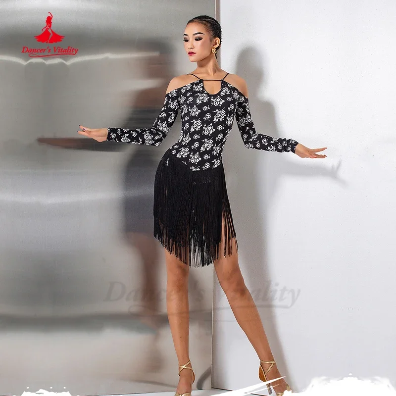 

Платье с кисточками для латиноамериканских танцев, женский тренировочный костюм с открытыми плечами по национальному стандарту, одежда для латиноамериканских танцев для взрослых и девочек