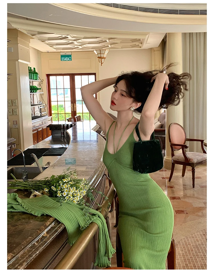 Vintage Chic Knitted 2-piece Dress Set Women Crop Cardigan V-neck Spaghetti Strap Bodycon Midi Dress Autumn New Female Clothing