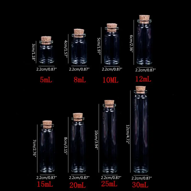 Hot Sale 30Pcs 0.5mL 1mL 5mL 6mL 20mL 30mL Mini Small Tiny Clear Cork Stopper Glass Bottles Vials Grocery