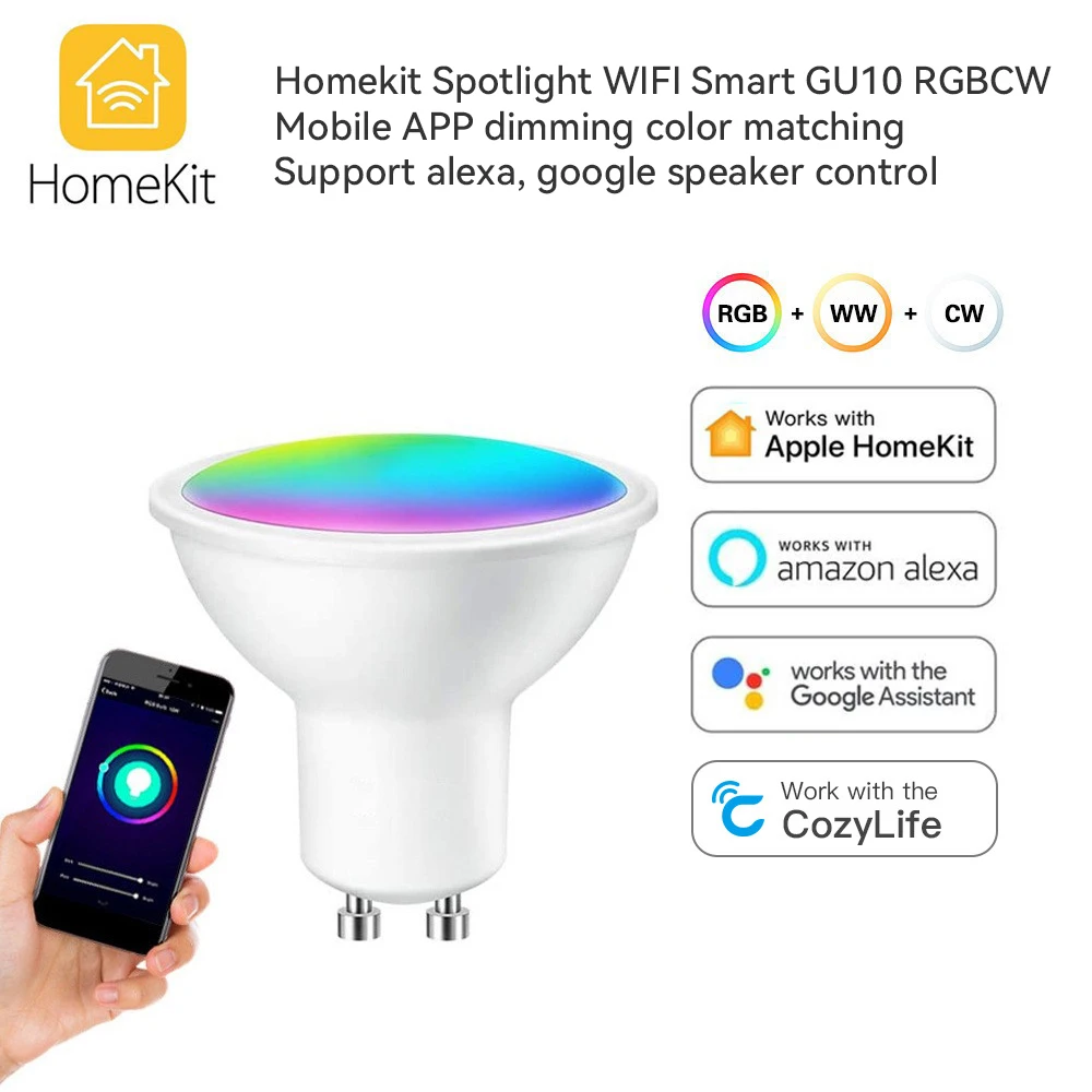 HomeKit-bombilla LED inteligente GU10 RGB + CW, foco WiFi regulable,  lámpara colorida, Control por voz por aplicación Cozylife para Siri, Alexa  y Google