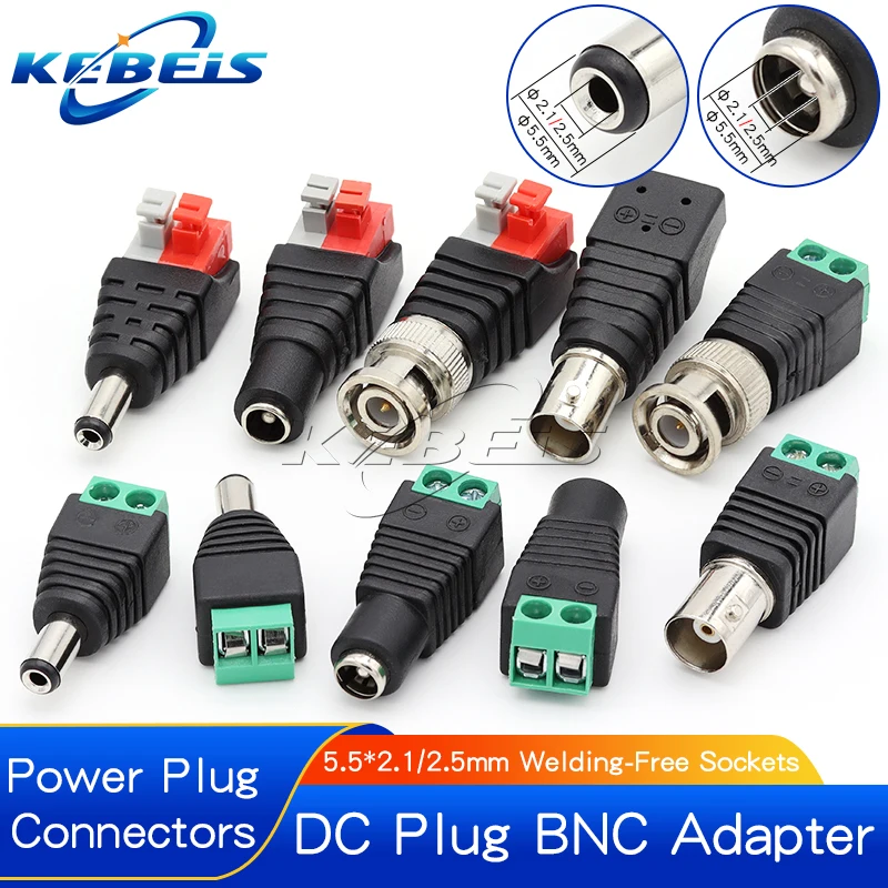 2/5/10PCS DC 12V Male Female BNC Connectors 5.5*2.1mm/2.5mm Welding-Free Power DC Plug Adapter Jack Sockets for LED CCTV Camera