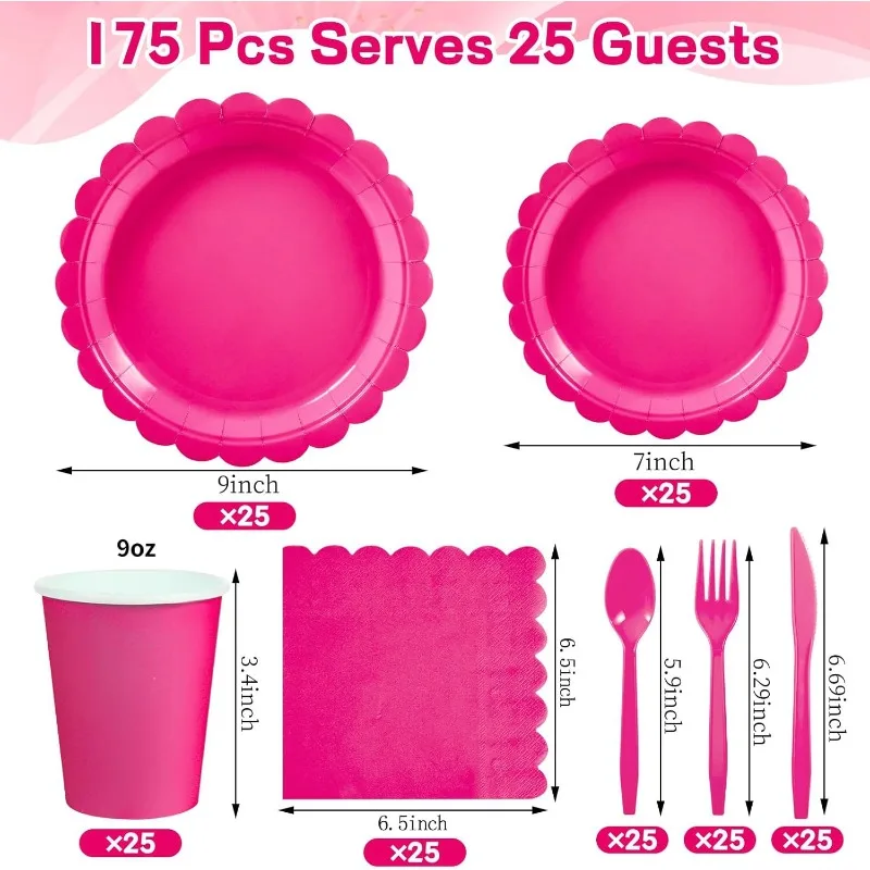 175PCS Birthday Party Supplies Pink Disposable Dinnerware Paper Napkin Cup Plate Tablecloth For Wedding Decoration for 25 People