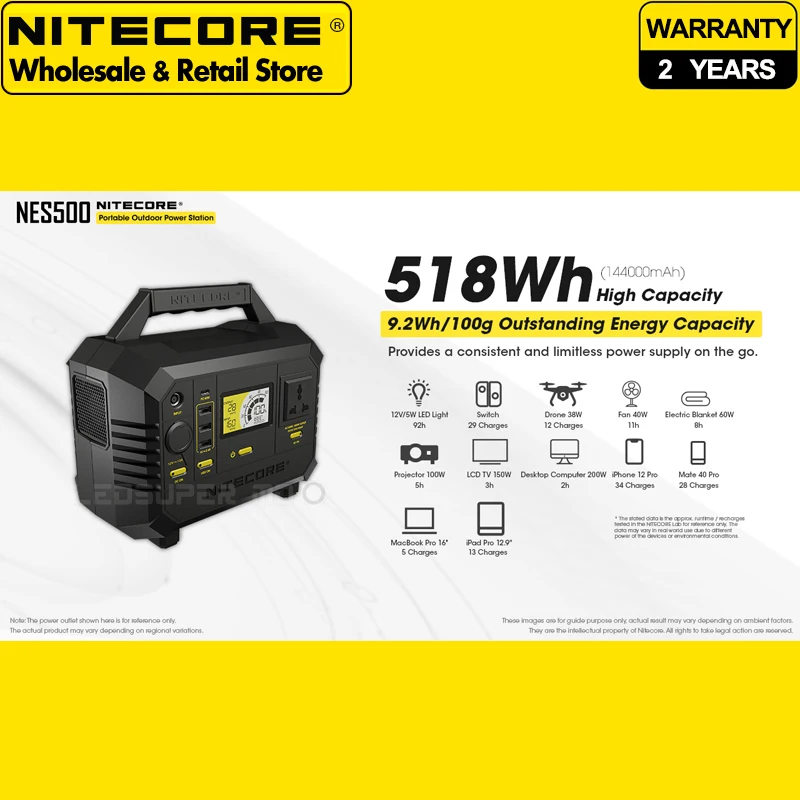 518Wh / 144000mAh High Capacity NITECORE NES500 Portable Outdoor Power Bank Station