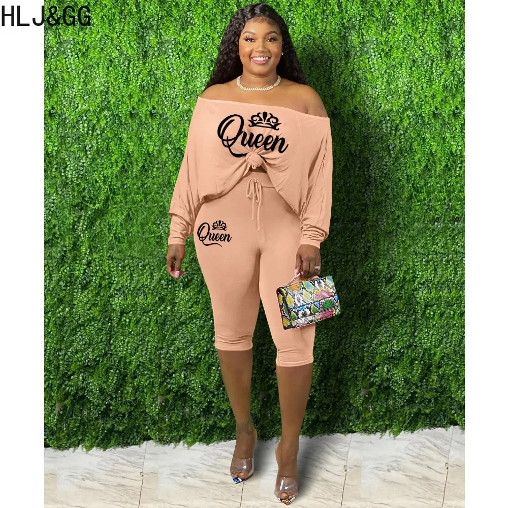 HLJ&GG Casual Off Shoulder Letter Printing Two Piece Sets Women Long Sleeve Top And Skinny Shorts Tracksuits Female 2pcs Outfits