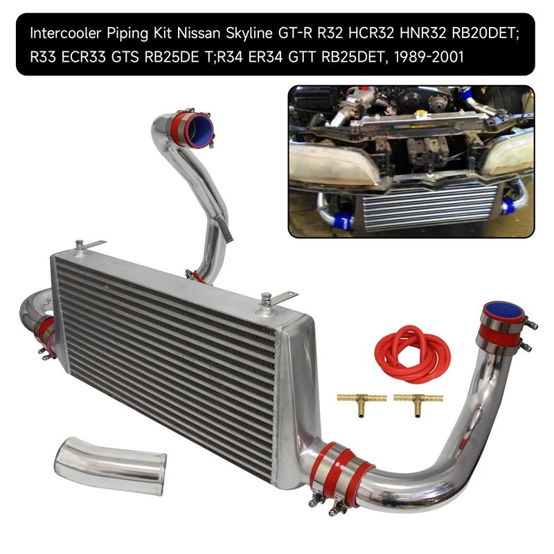 Upgrade Intercooler w/ Aluminum Piping Pipe Kit Fits For Nissan Skyline R32  R33 R34 GTST RB20 RB25DET 93-98 Blue Black /Red