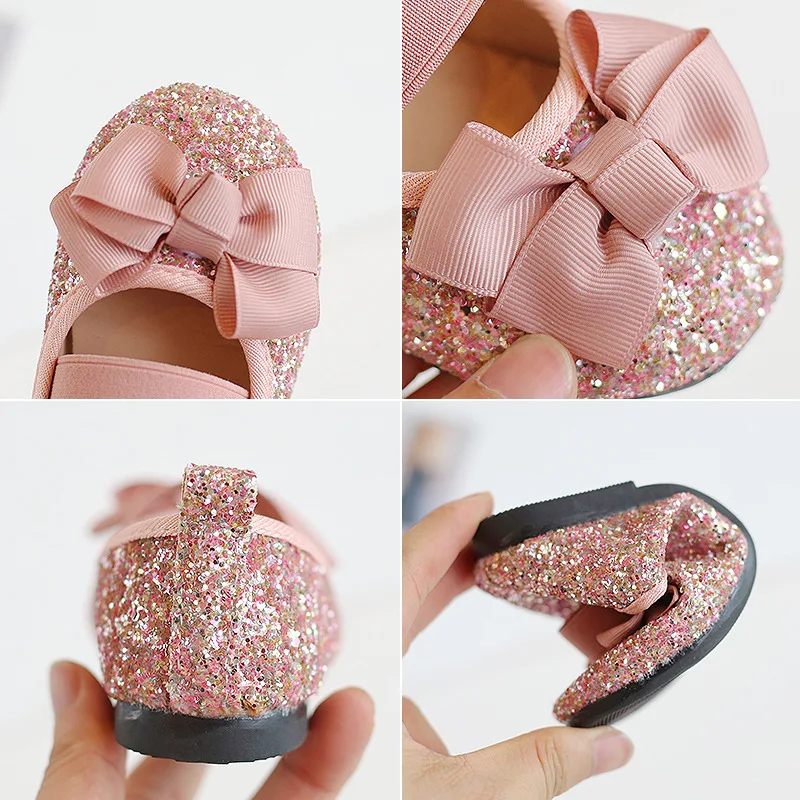 Bling Princess Shoes Fashion Spring Girls Shoes Flat Glitter Bowtie Children Flats Kids Shallow Baby Single Toddlers