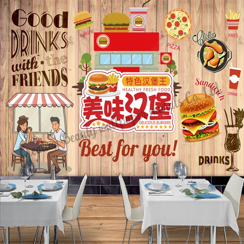 

Custom Wooden Board Hand Painted Burger Wallpaper Mural Industrial Decor Fast Food Restaurant Snack Bar Background Papel Tapiz