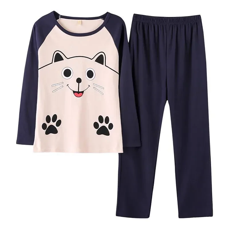 Cartoon Cotton Pajamas Women's Spring and Autumn Models Long-sleeved Home Service Women's Simple Loose Casual Suit Large Size - Image 5