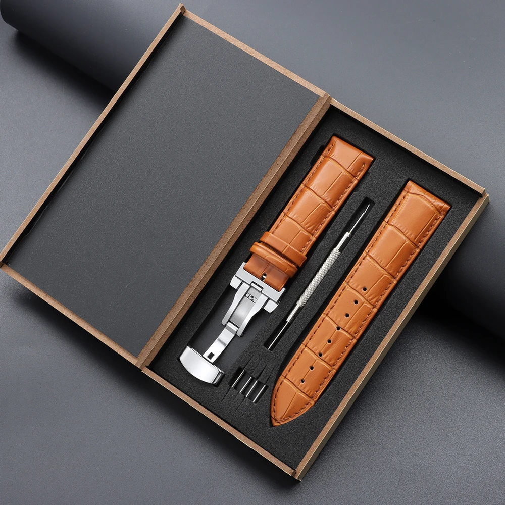 Elegant Genuine Leather Butterfly Clasp Watch Band with Premium Wooden Box