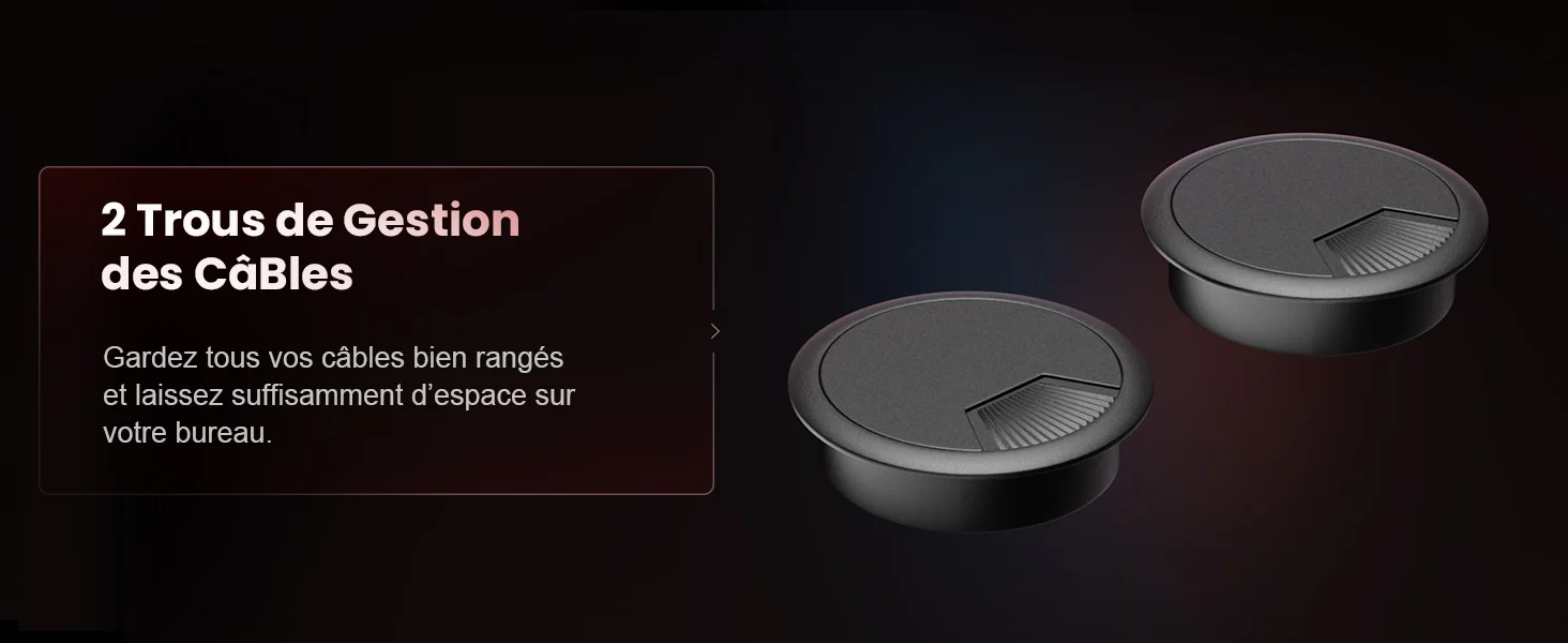 Deux œillets de bureau noirs circulaires pour la gestion des câbles. L'image montre une vue de dessus et une vue inclinée des œillets, mettant en valeur leur design élégant et leurs housses amovibles