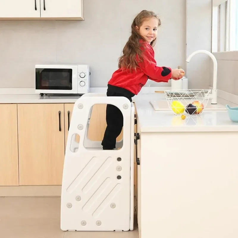 

LISM SafeStep Toddler Kitchen Stool with 3 Adjustable Height, Dual Safety Rails, Non-Slip Feet Pads (White)