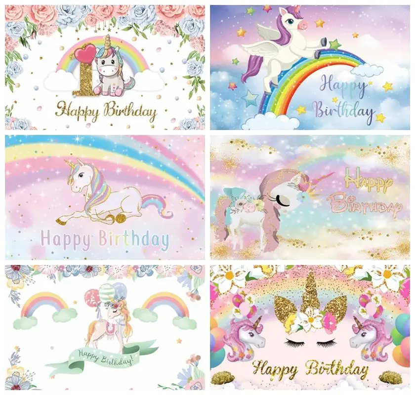 Laeacco Unicorn Birthday Party Backdrops Rainbow Clouds Stars Flowers Light Bokeh Newborn Baby Shower Photography Backgrounds for photo backdrop