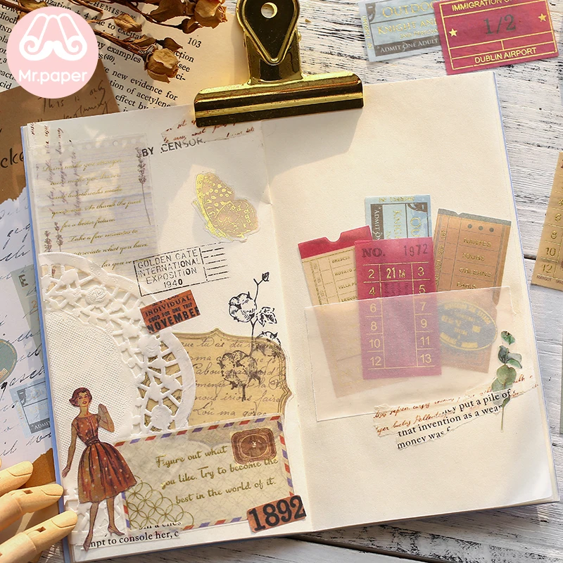 Mr.paper 4Pcs/pack Gold Stamping Vintage Retro Stamp Travel Plant Creative Stickers Deco Stationery Stickers