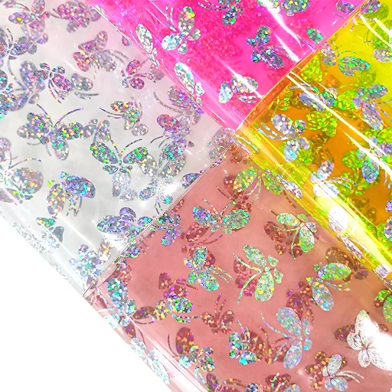 

Multi-Color Transparent PVC Vinyl Film Holographic Butterfly Pattern Leather Fabric Roll For DIY Sewing Raincoat Bow Accessories