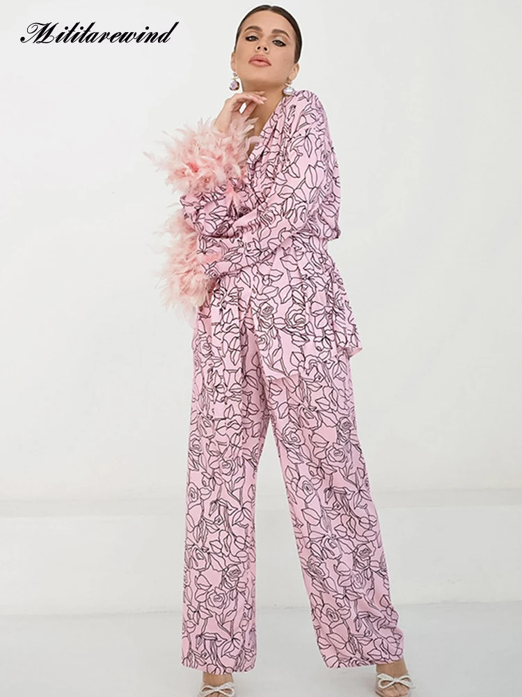 

Spring Satin Pajama Sets Women Fashion Feather Patchwork Pink Long Sleeve Sleep Top and Trousers Two Pieces Sets Women Homewear