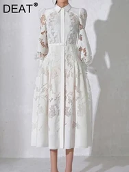 DEAT Embroidery Dress Belt Lapel Hollow Out Zipper Slim Lace Split Mid-calf Women's Dresses Spring 2024 New Fashion 13DB1438