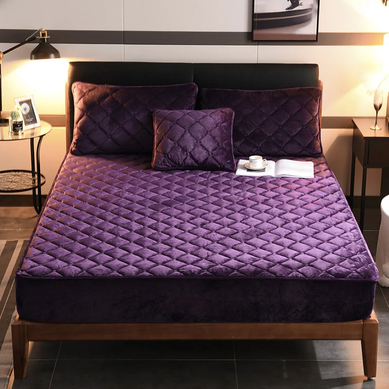 Thicken Velvet Quilted Mattress Cover Solid Color Quilted Bed Fitted Sheet Queen King Double Bed Cover Not Including Pillowcase 6