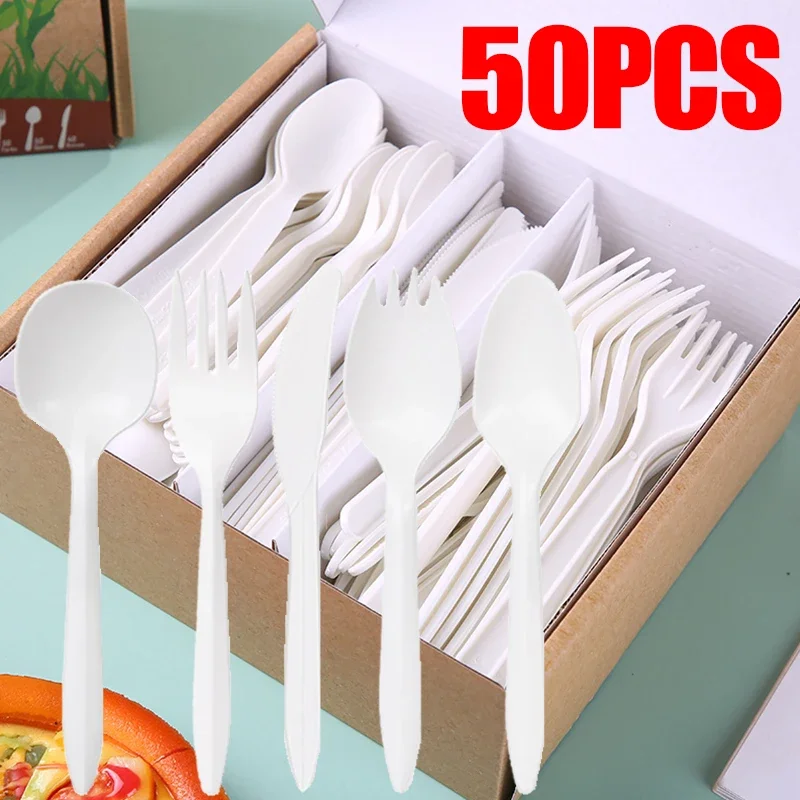 50/30/20/10pcs Disposable Natural Corn Dinnerware Knife Fork Set For Wedding Birthday Party Utensil Dessert Cake Spoon Tableware 4pcs wheat straw dinnerware set portable tableware knife fork spoon chopsticks set travel cutlery set eco friendly utensil box