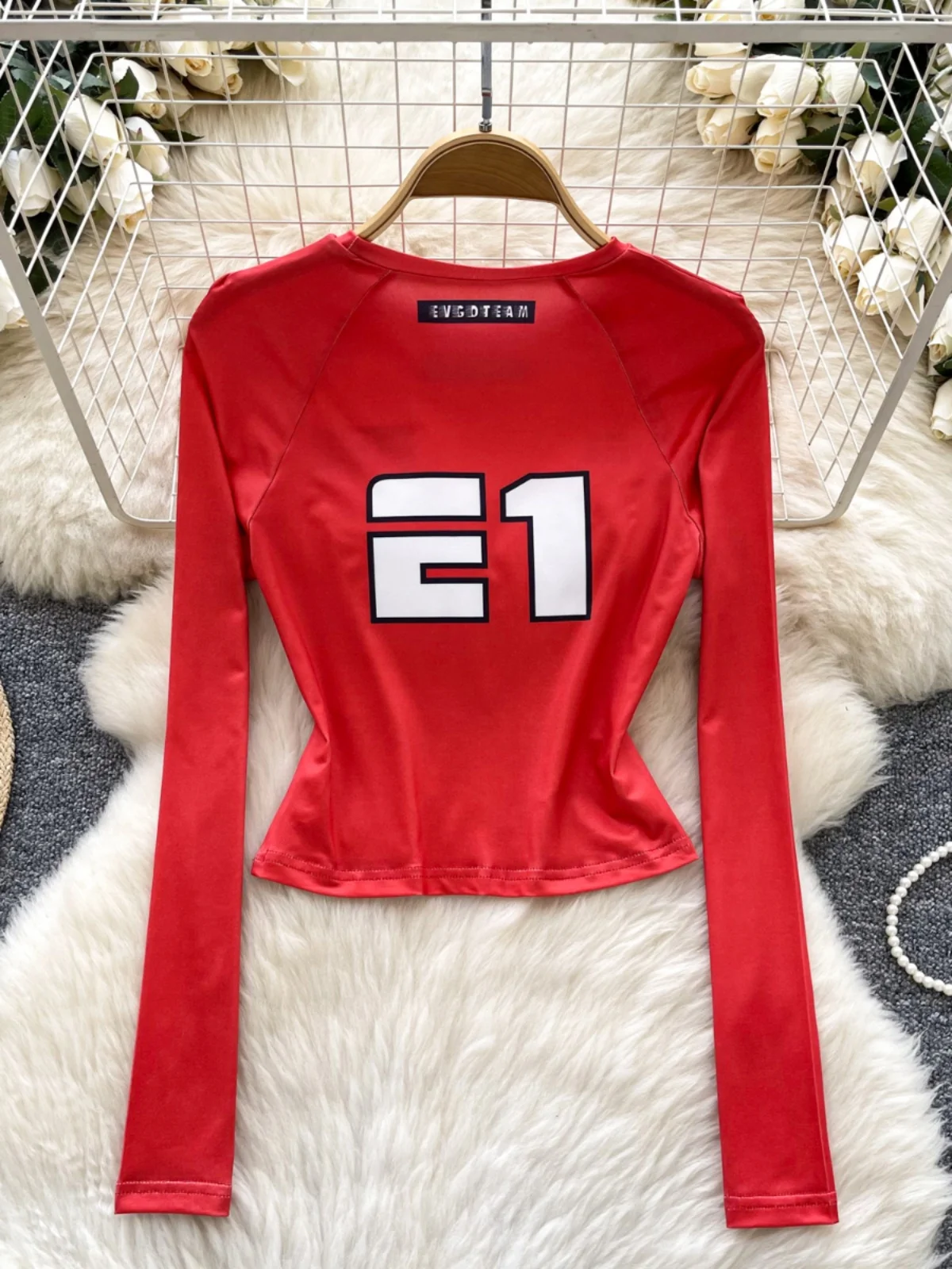 Slim Fit Long Sve Print T-irt Women's ort Sle Motorcycle Wind Pure Desire Base irt Commute Sle Korean Version