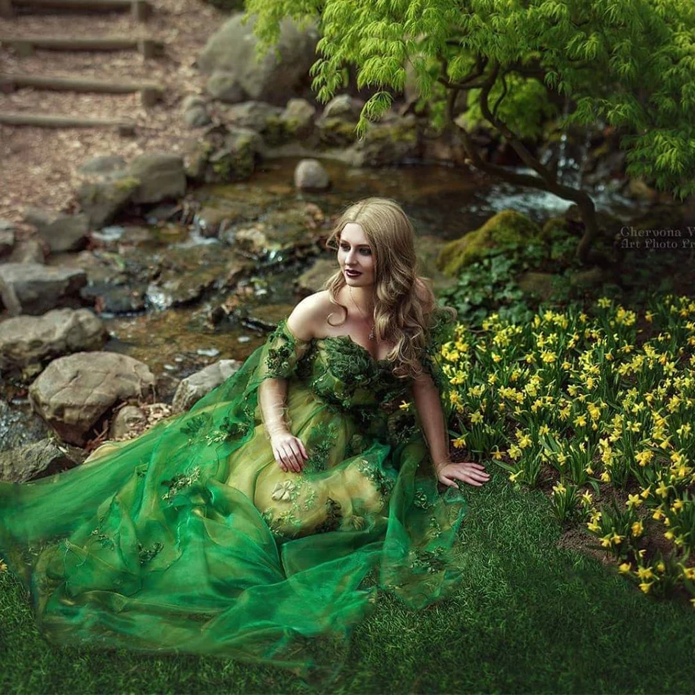 Emerald Green Prom Dress Floral Dress Fashion Women Evening Dress