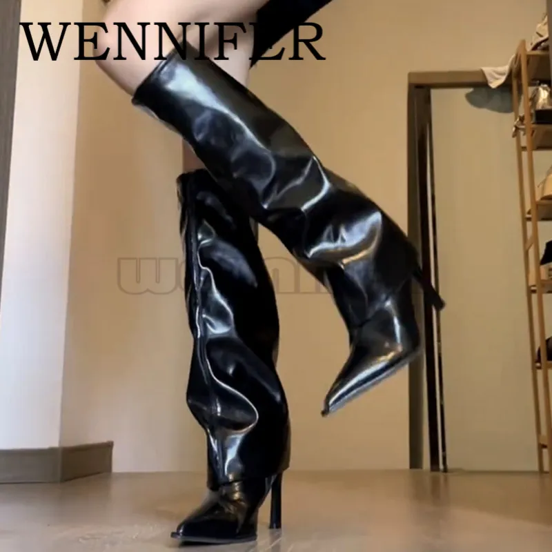 

Patent Leather Pull On High Stiletto Heeled Boots Pointed Toe Knee-High Knight Boot Ladies Party Dress Banquet Motorcycles Botas