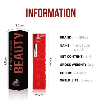 MLSMILE 6 Color Non-stick cup Velvet Satin Gloss Lip glaze Mist Liquid matte lipstick Waterproof long-lasting color liquid 5