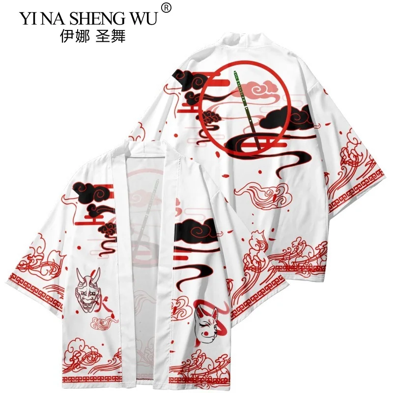 Men Kimono Japanese Traditional Costumes Fashion Kimono Haori Fox Cardigan Jacket Beach Wear Cloak Samurai Shirt Coats Oversized