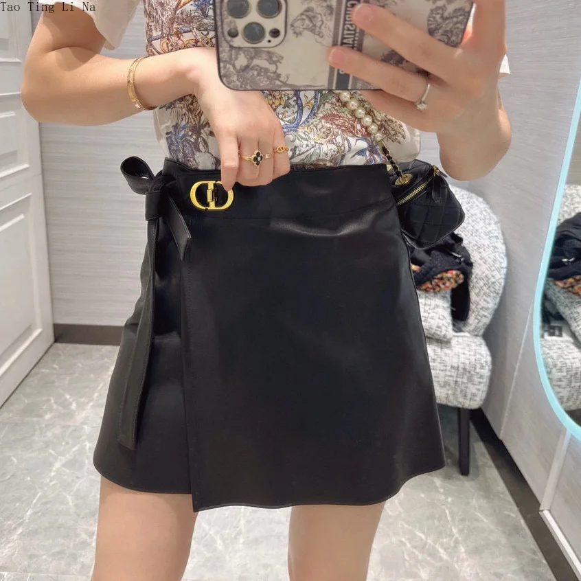 2023 Women New Genuine Sheep Leather Skirt High Waist A-line Metal Buckle Versatile Real Sheepskin Skirt E9 3 8cm real genuine leather vintage metal skull punk men jeans belt stud cowboy strap cinturon ceinture homme riem belts