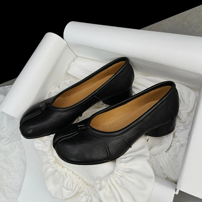 Womens Genuine leather Roundtoe midheel shoes With pleats Tibi Splittoe shoes Sheepskin ballet flats 3cm heel height 3