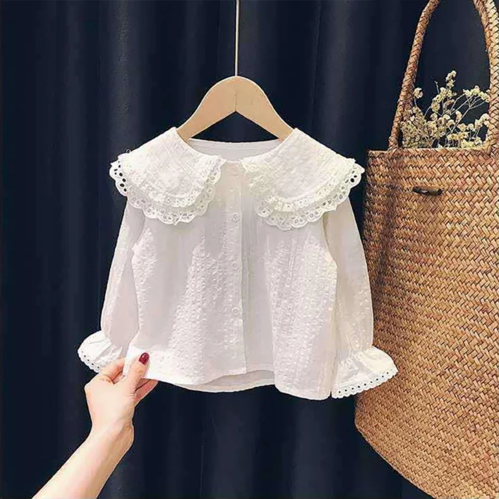 Girls Lapel Blouse With Flared Sleeves Shirt Long-Sleeved Spring Autumn Cotton Lace Children Girl Tops Blouse Kids Clothes 0-7Y