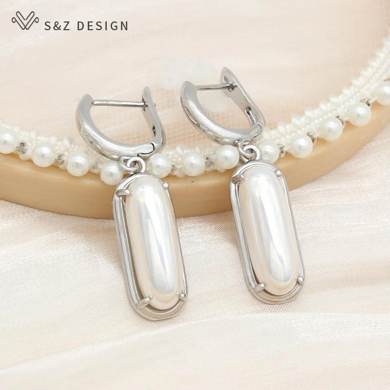 S&Z DESIGN New Fashion 585 Rose Gold Color Oval Egg Shape Imitation Pearl Dangle Earrings For Women Girl Wedding Party Jewelry