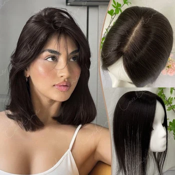 Topper per capelli veri umani da 12 pollici, lisci, con clip, per donne con capelli diradati, linea naturale dei capelli