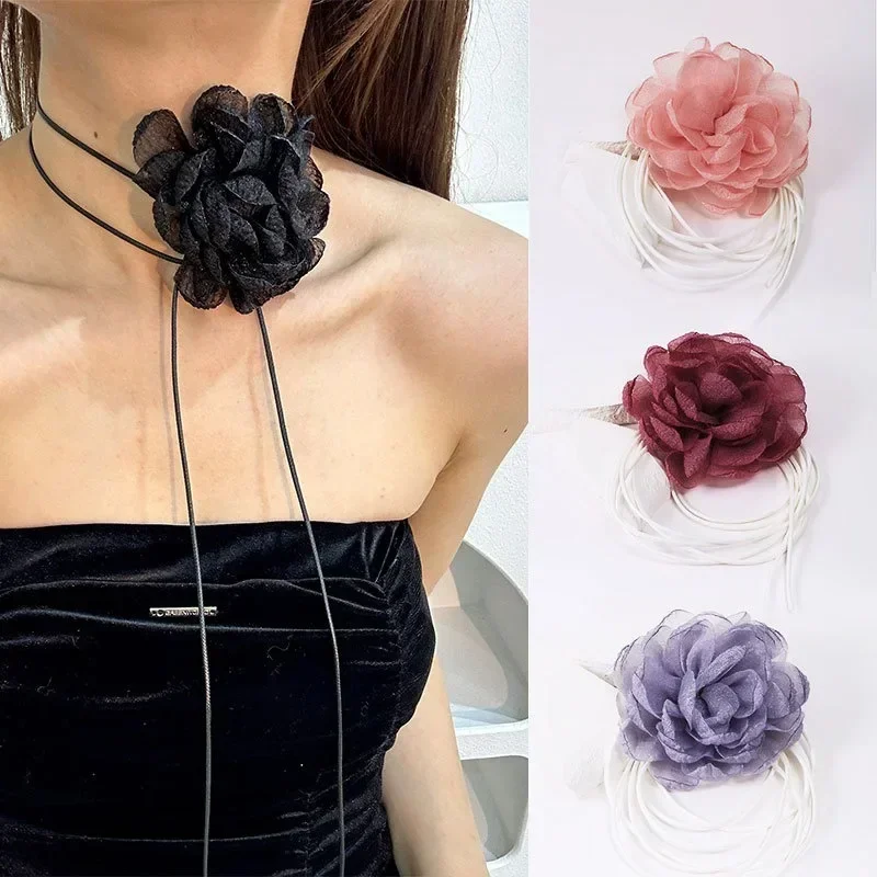 Adjustable Big Rose Flower Choker Necklace For Women Ladies Y2K Romantic Gothic Rope Clavicle Chain Korean Fashion Accessories