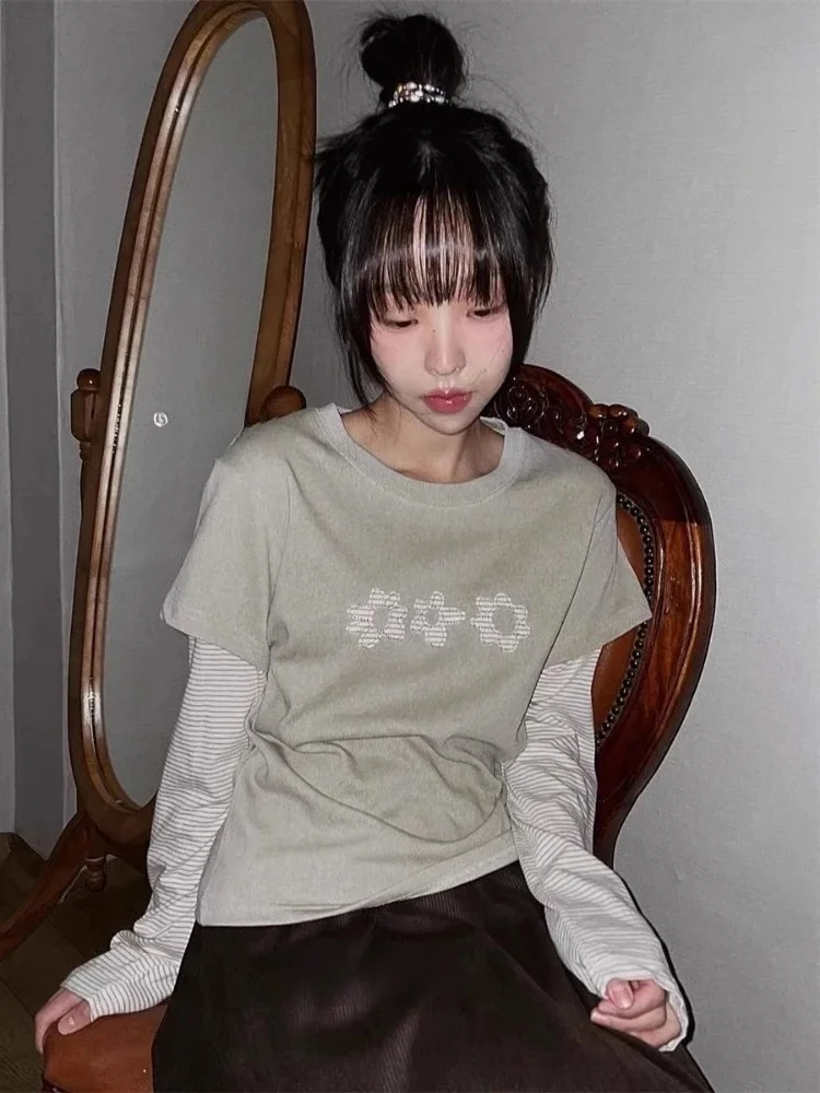 Woman T Shirts Y2k Tops O-neck Fake Two Contrast Color Striped Tees Long Sleeve Floral Camisetas Chic Casual Tshirt Ropa Mujer 4
