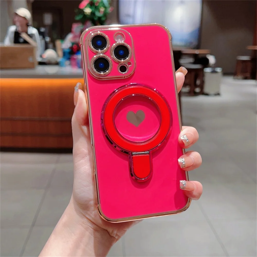 Magnetic Love Heart Stand Holder Phone Case with Plating