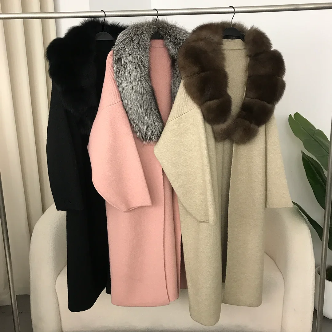 

FURYOURSELF 2024 Real Fur Coat Winter Jacket Women Natural Fox Fur Collar Belt Long Loose Thick Warm Outerwear Sweater Knitting