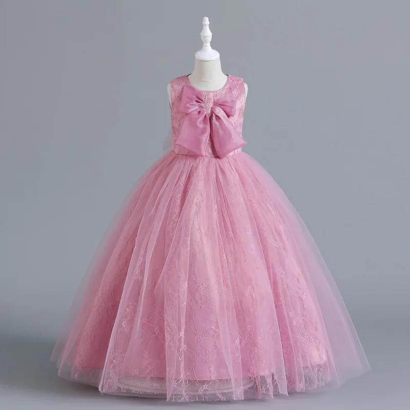 

5-14 years old new westernized big girl princess girl lace big bow birthday dinner evening dress long campus prom party puffy sk