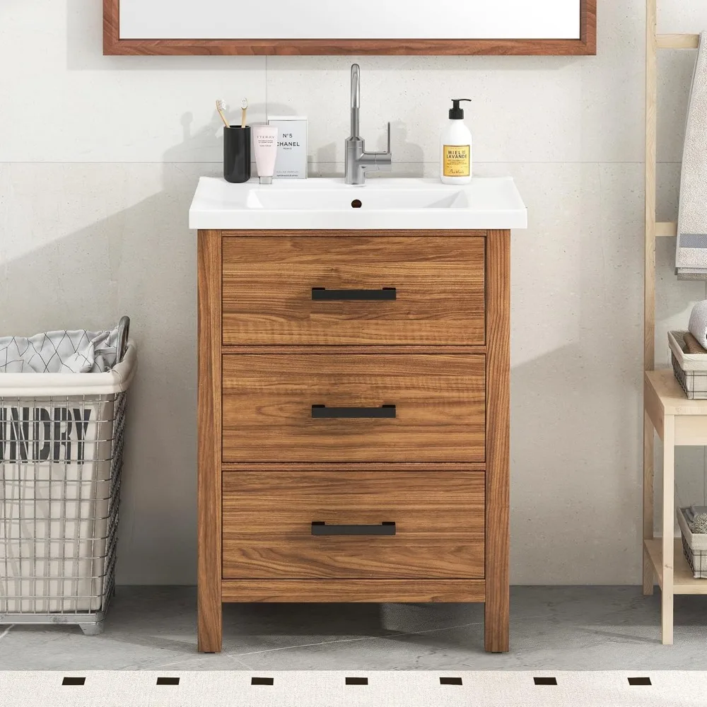 24" Bathroom Vanity with Sink,Bathroom Vanity with a Tip-Out Drawer and Two Pull- Out Drawers, Freestanding Single Sink , Wood 6
