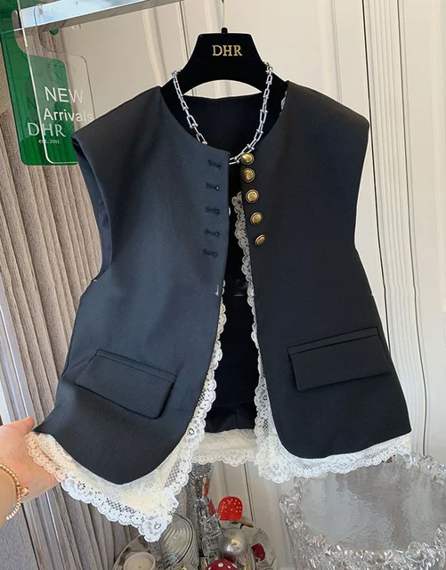 Femmes dentelle Patchwork gilet coréen col rond décontracté sans manches vestes 2025 femme gilet ample Vintage Chic hauts femmes vêtements 1