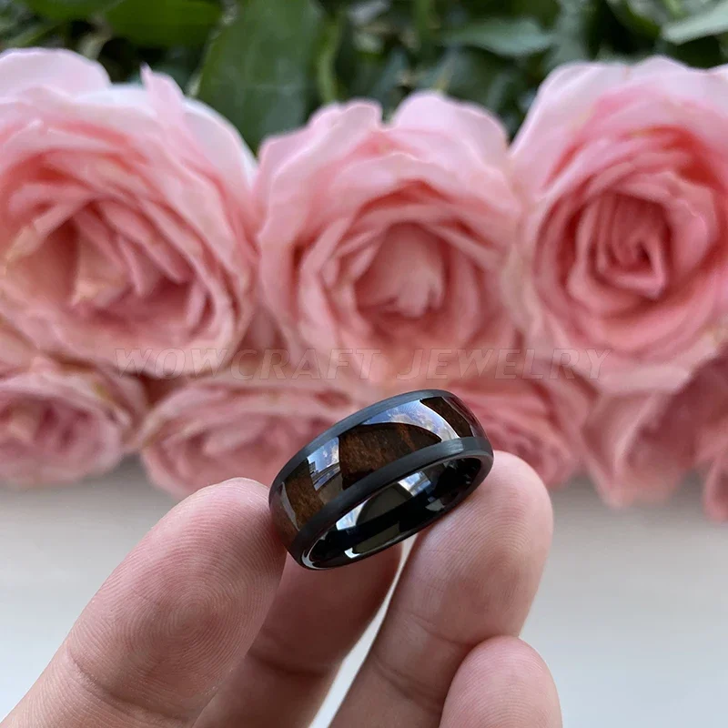 Black Tungsten Carbide Ring Men Women Band Domed Brushed Finish Black Ebony Wood Inlay Comfort Fit