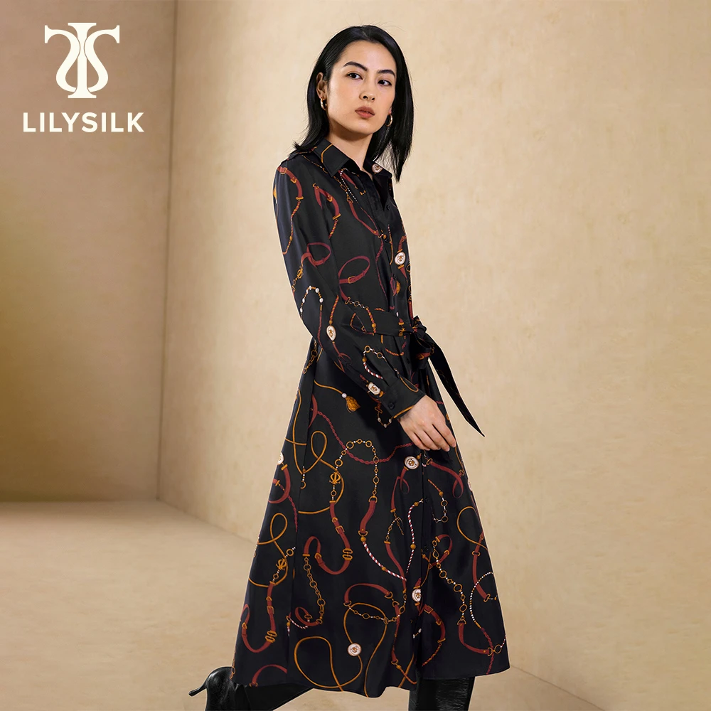 LILYSILK Women's Print Silk Dress Ladies Luxury Shirt Dress with Button Front and Turn Down Collar for Multiple Occasions